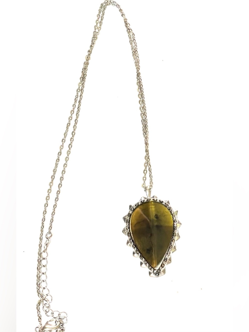 Vintage Silver Necklace with Olive Green Teardrop Pendant